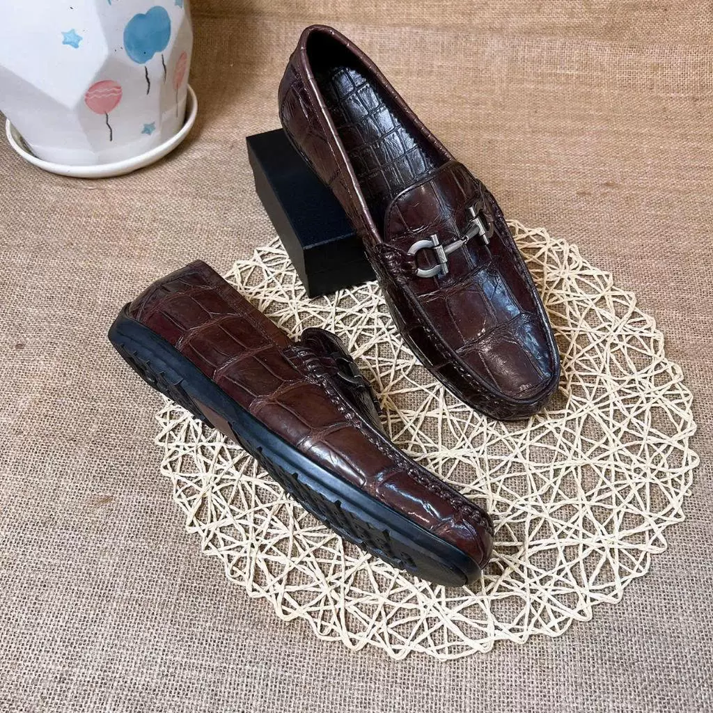 Giày Lười Da Bò Vân Cá Sấu